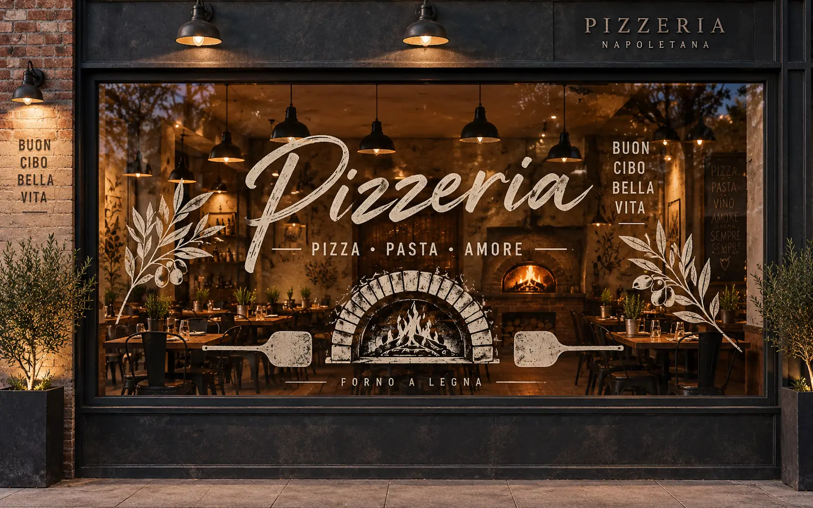 Mise en situation d’une impression directe sur la vitrine d’une pizzeria
